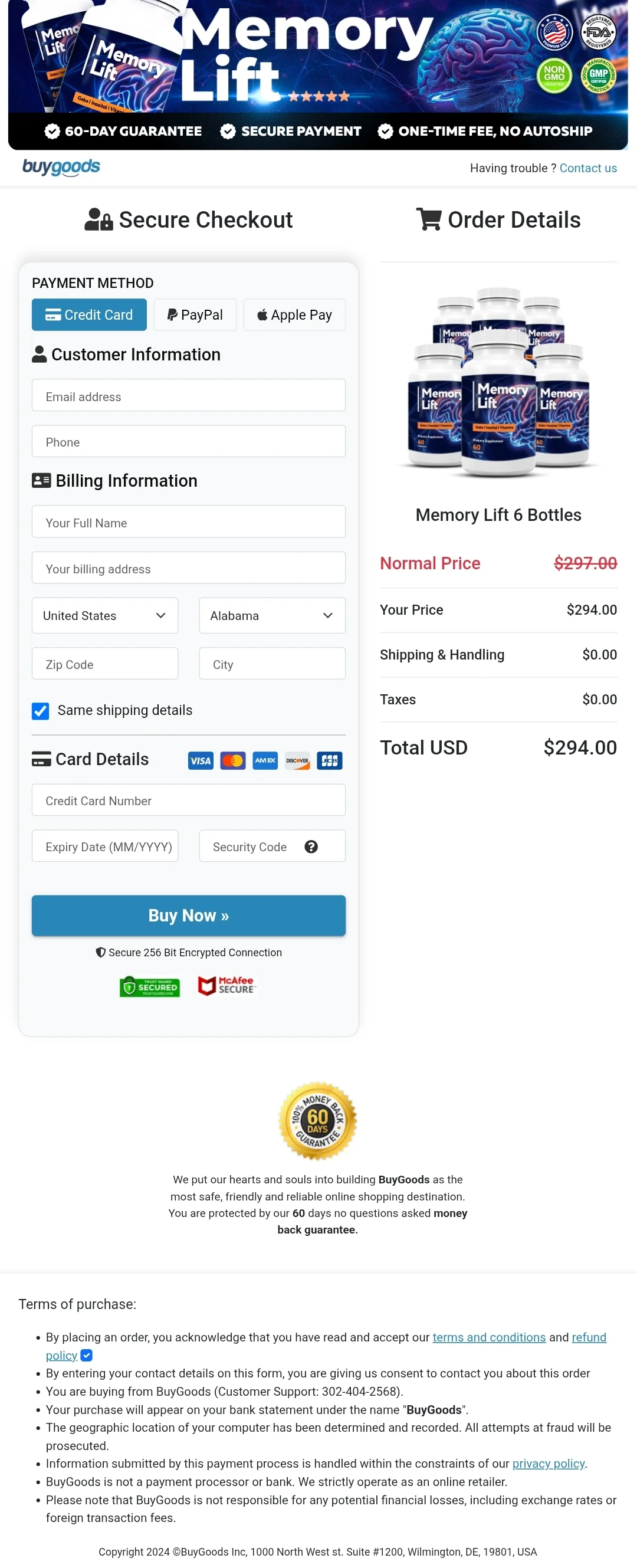 Memory Lift order form
